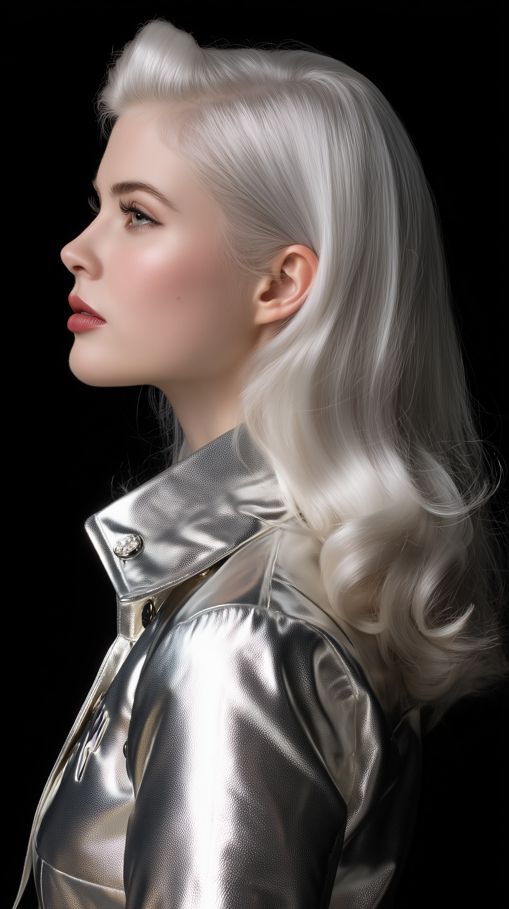 Platinum Blonde Mid-Length Hairstyle with Deep Side Part